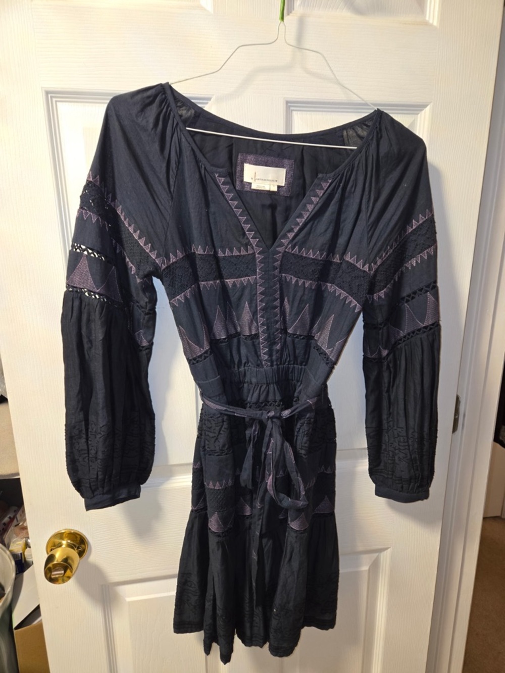 Anthropologie Navy Dress with Lavender Embroidery and Waist Tie